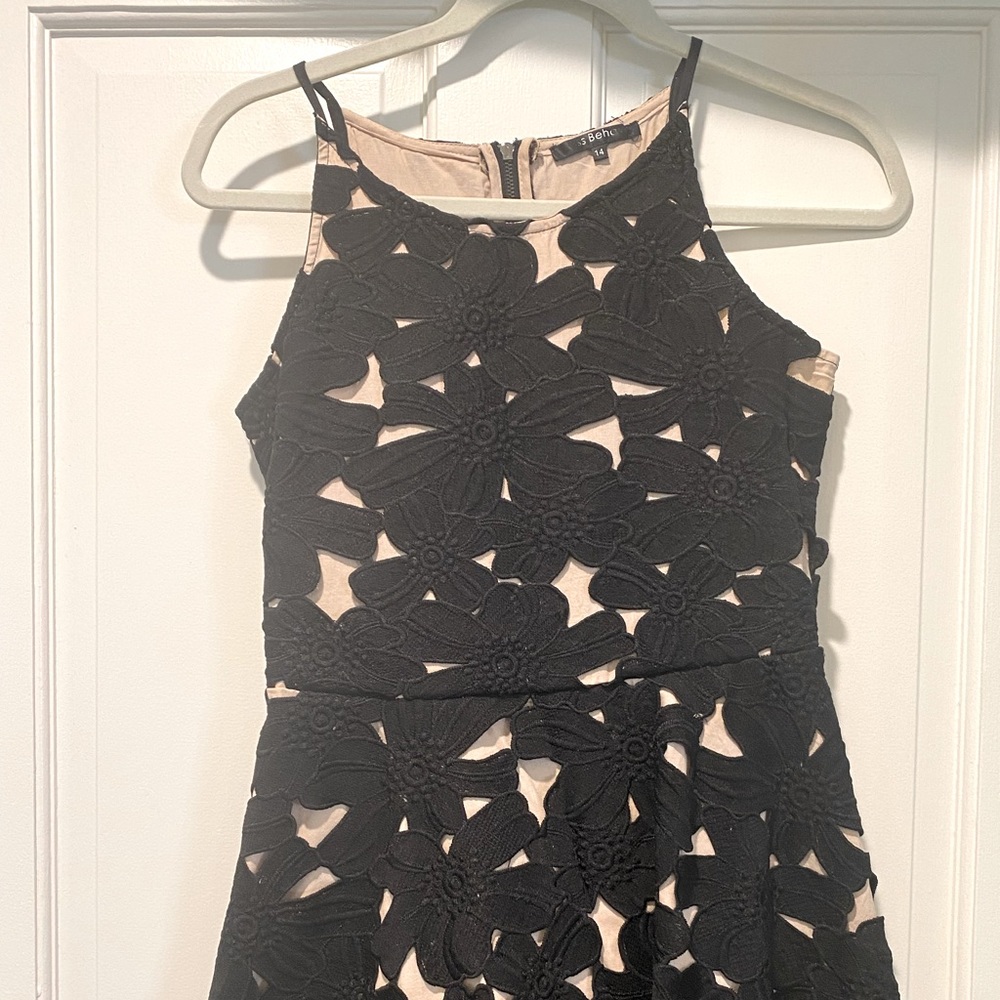 Black and Tan floral cutout party dress, size 14 juniors